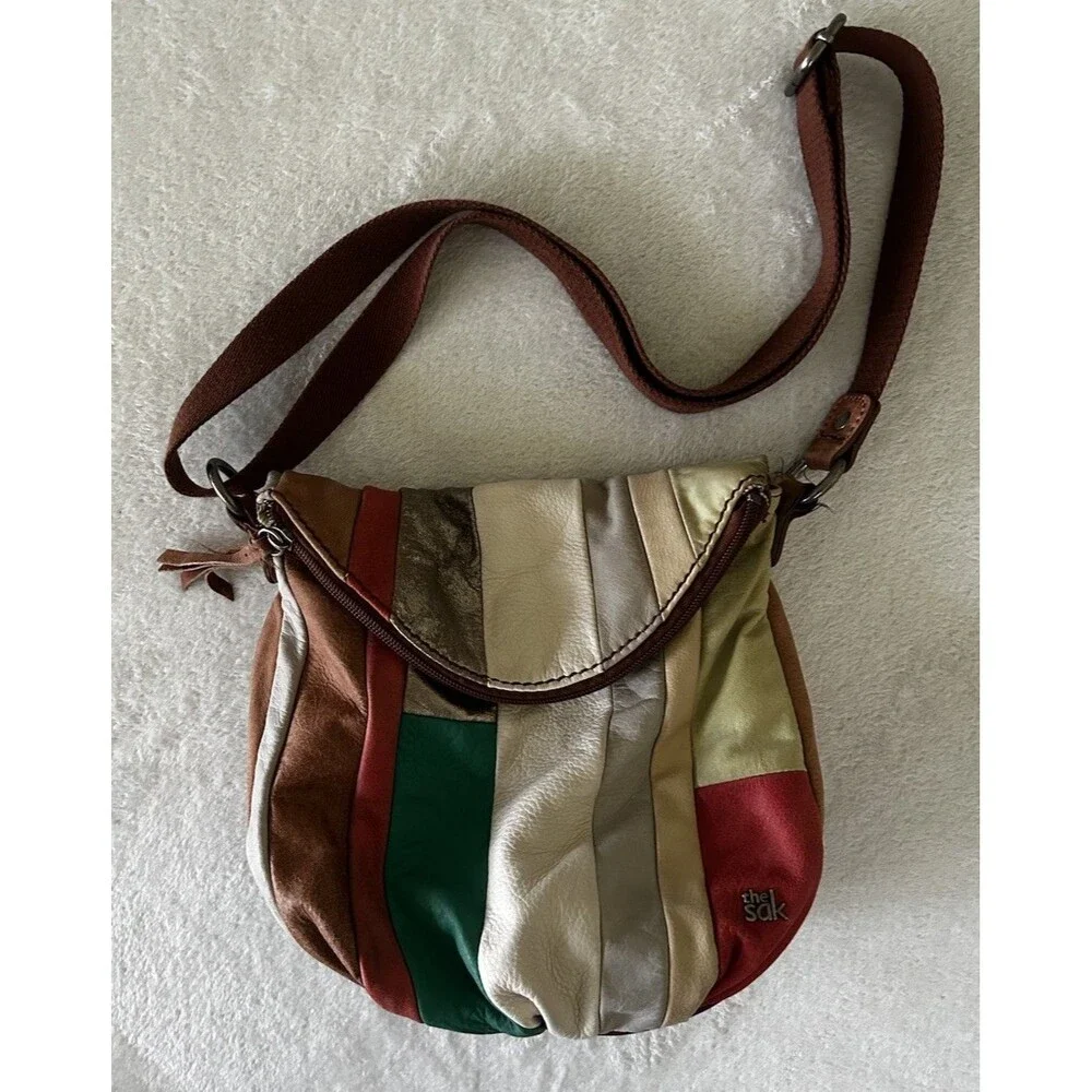 THE SAK Patchwork Multicolor Leather Hobo Crossbody Shoulder Purse Boho Hippie
